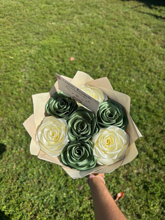 Green & Cream Colored 7 Rose Ribbon Bouquet