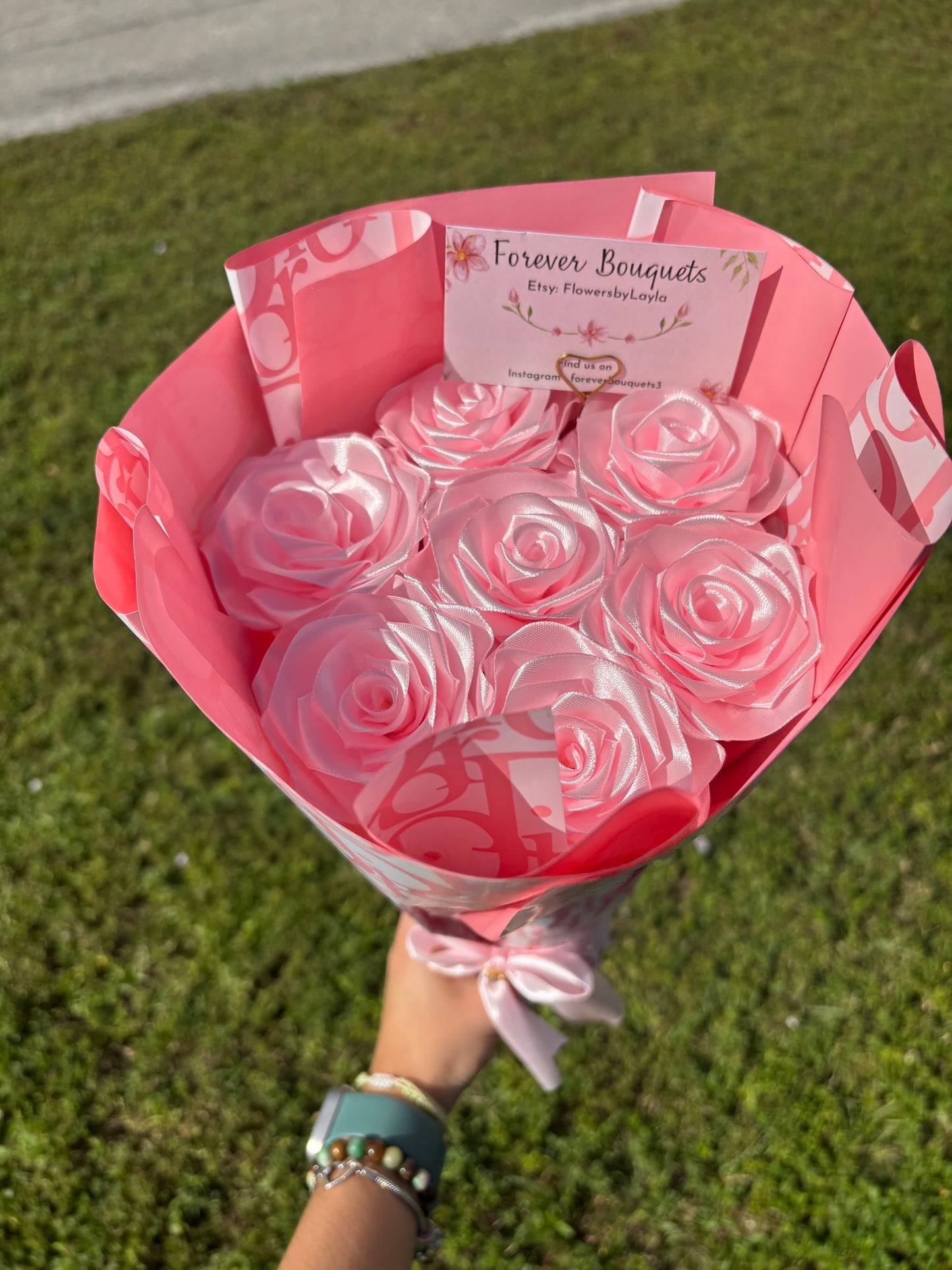 7 Pink Rose Ribbon Bouquet